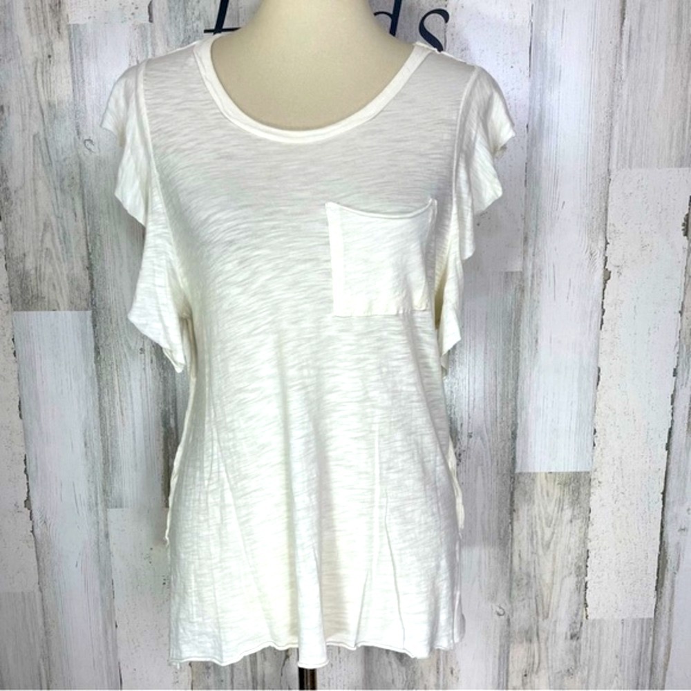 We The Free Off White Scoop Neck Flutter Sleeve Burnout Tee Shirt Sz XS